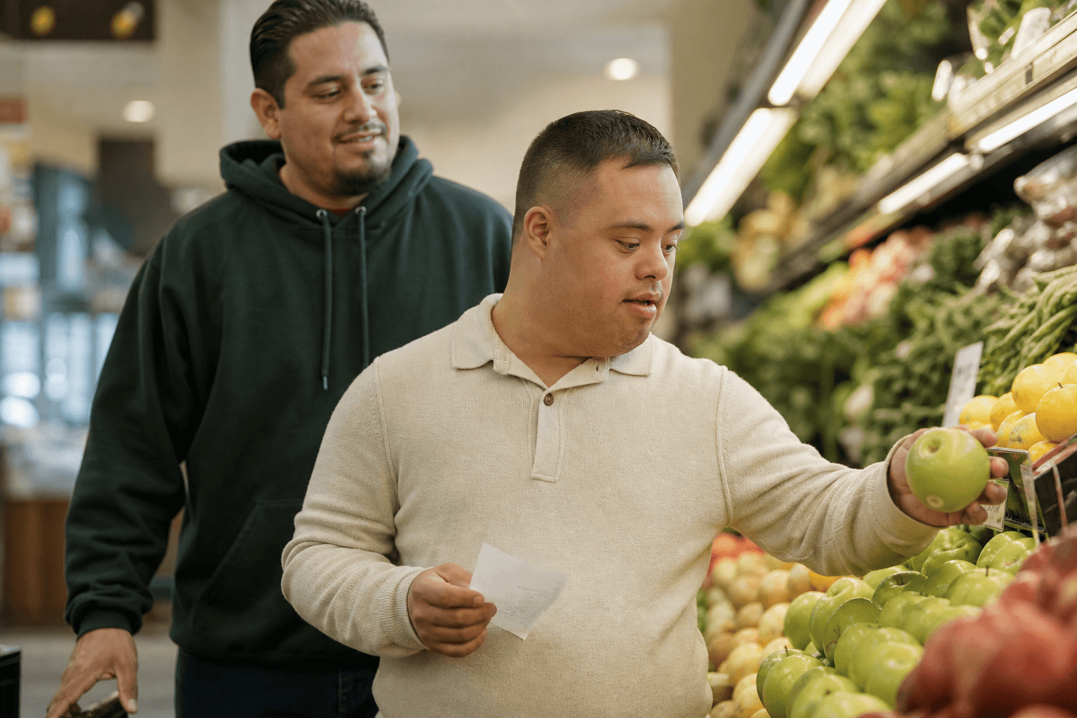 A Latino man with Down syndrome checks an apple against his grocery list while his support professional follows his lead.