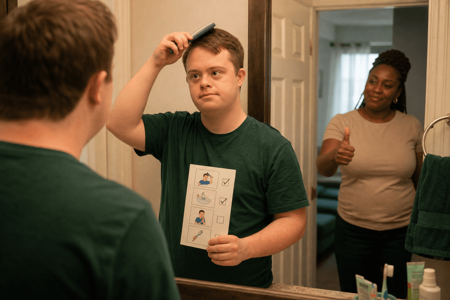 A white man with Down syndrome completes his morning grooming routine using a visual checklist while his support professional encourages him from the doorway.