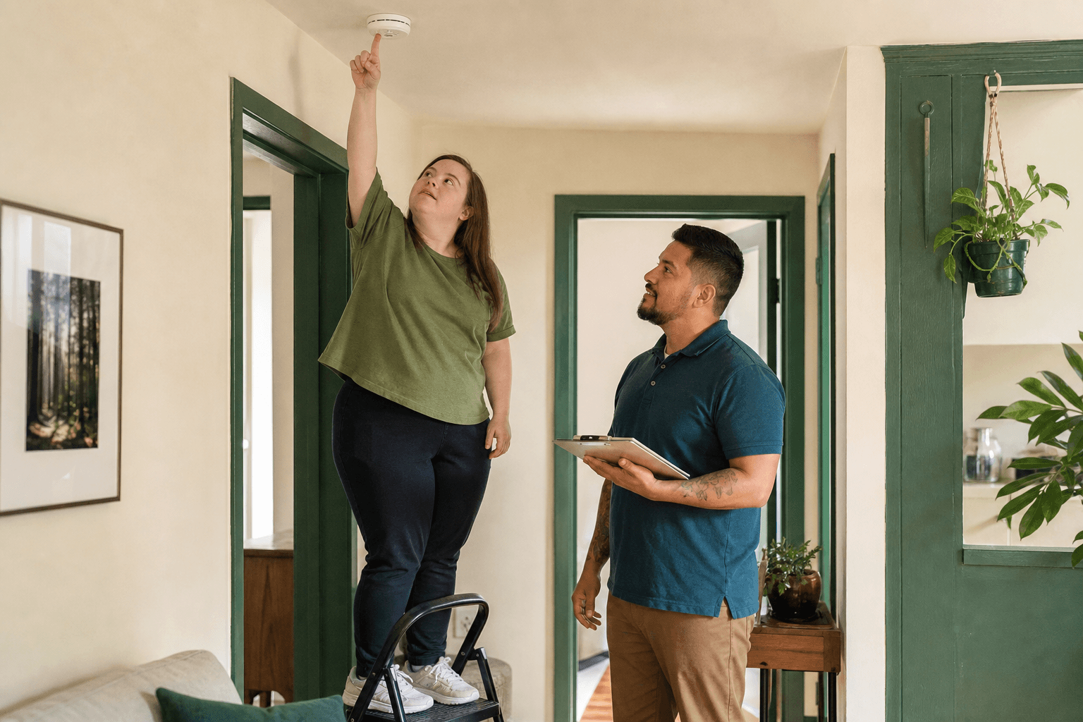 A white woman with Down syndrome tests the smoke detector in her apartment while a support professional coaches her with a safety checklist.