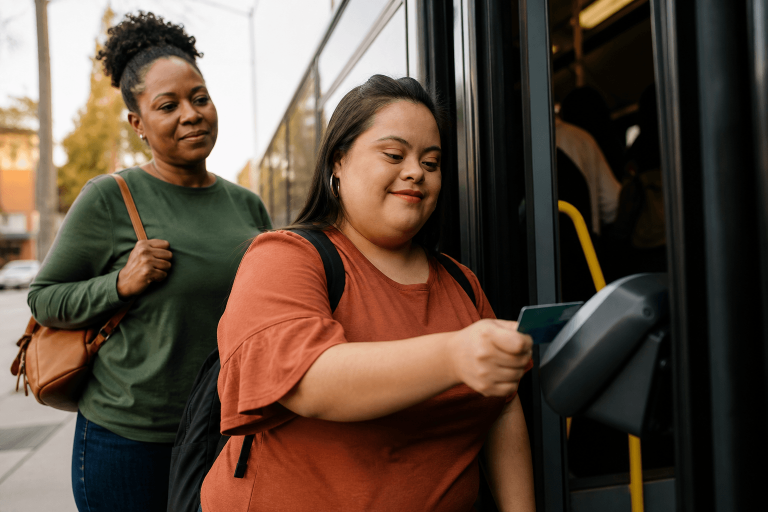 A Latina woman with Down syndrome taps her transit card as she boards a bus with support nearby.