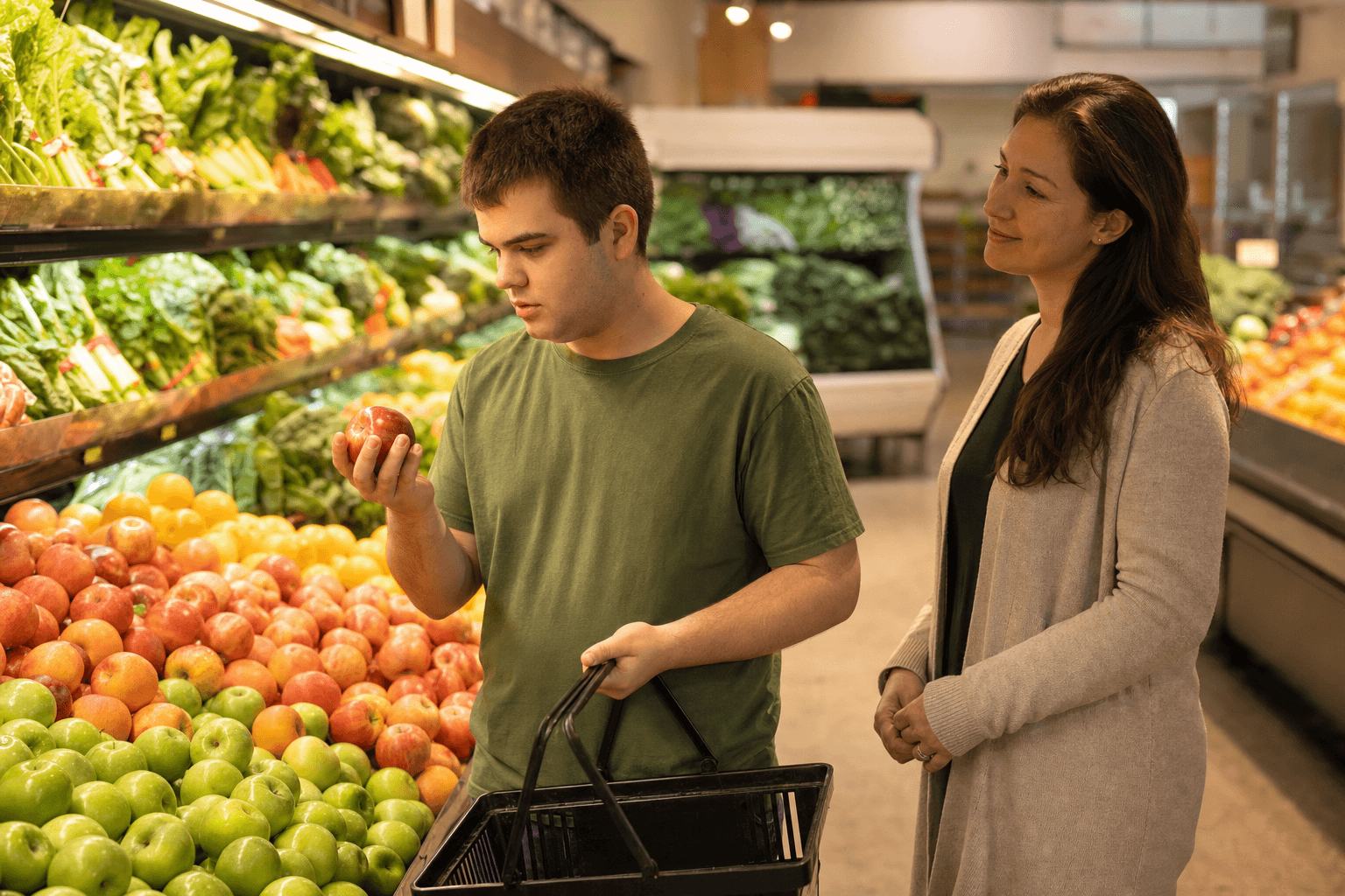 A young man examining an apple in the produce section of a grocery store while a support staff stands nearby.