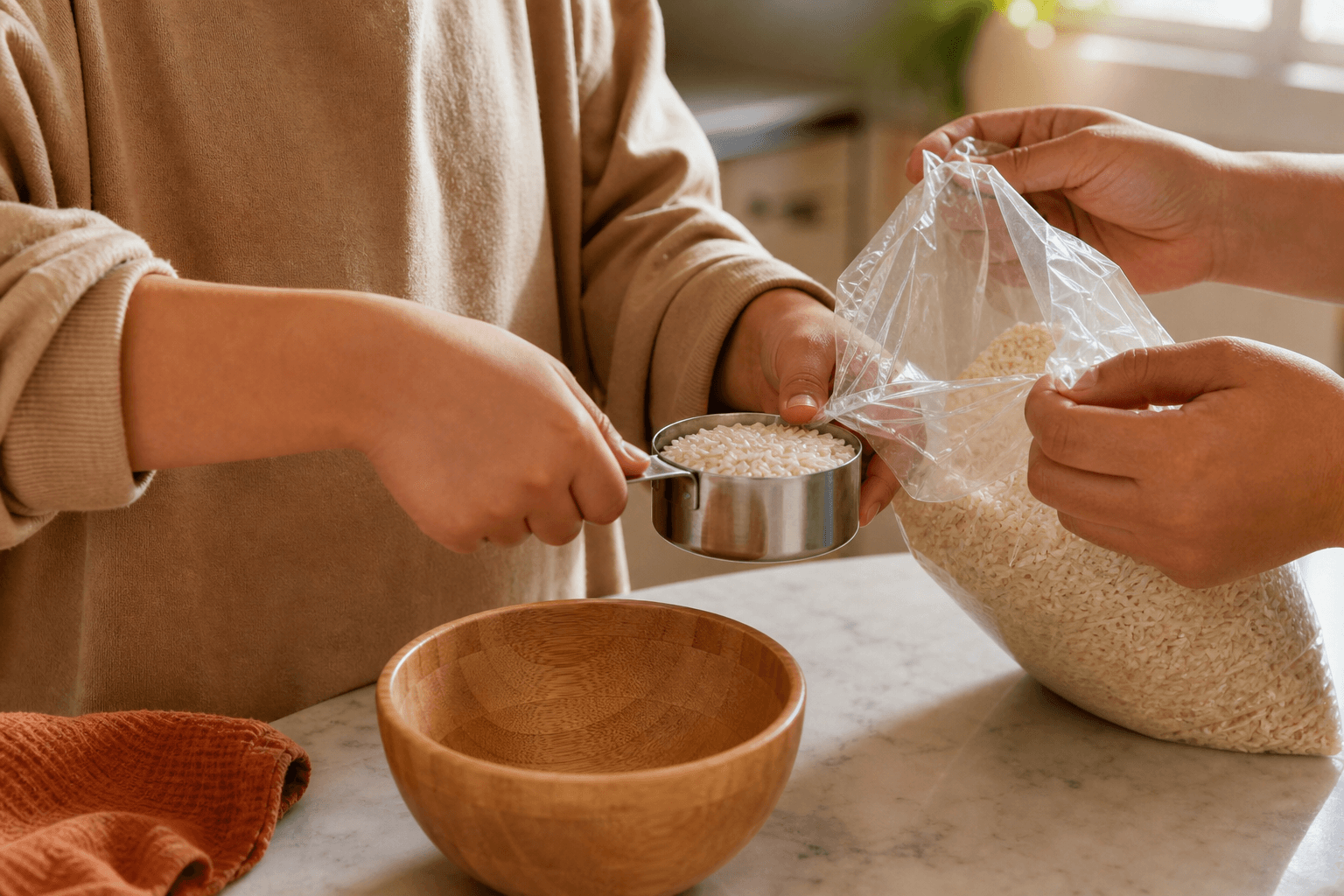 Two people working together at a kitchen counter to measure rice into a bowl.