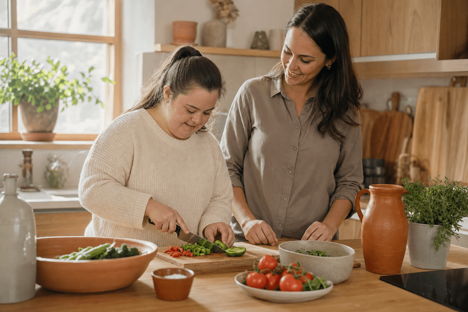 A young woman with Down syndrome and her support staff prepare a meal together at a sunlit kitchen counter.