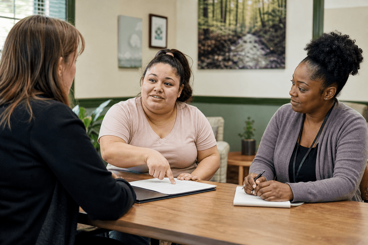 A Latina mother leads a family-services meeting while her parenting support professional takes notes beside her.