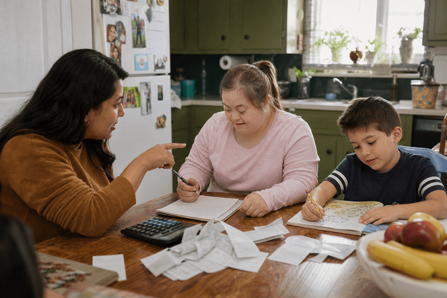 A white mother with Down syndrome builds her household budget while her son colors and a parenting coach guides her.