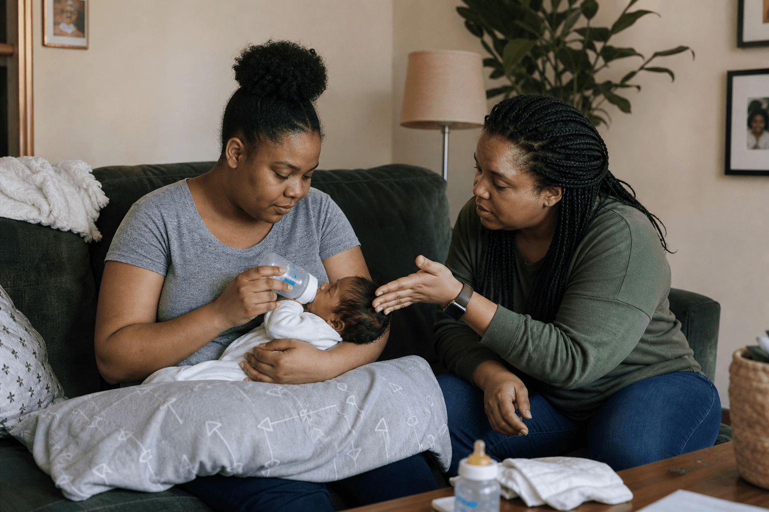 A Black mother bottle-feeds her newborn while a direct support professional coaches her on supporting the baby's head.