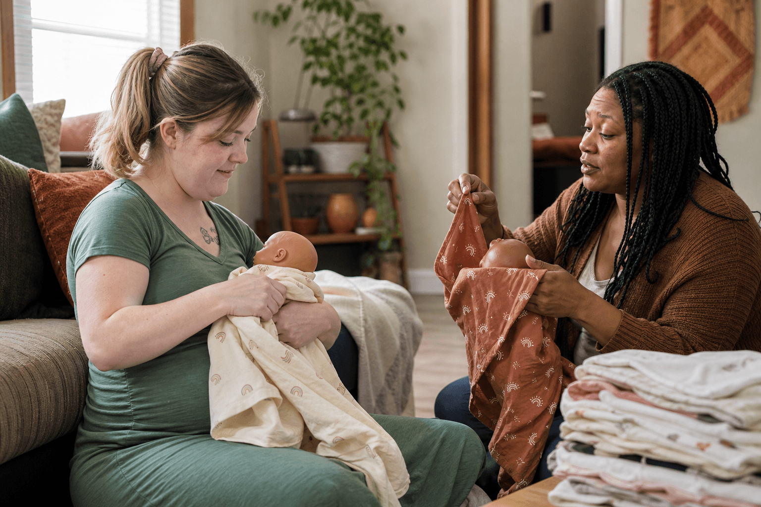 A pregnant white woman practices swaddling while a direct support professional demonstrates the next step beside her.