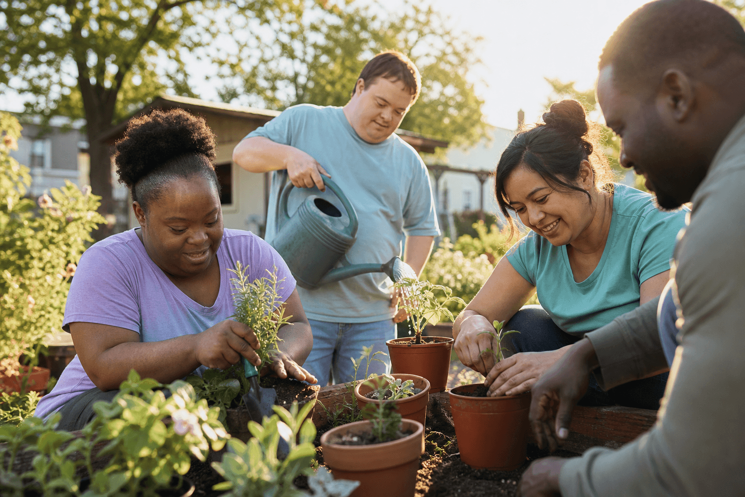 A racially diverse group of adults, including people with Down syndrome, planting together in a community garden.