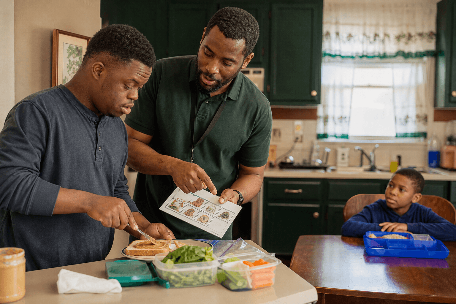 A Black father packs his son's lunch while a direct support professional coaches him through a picture recipe card.