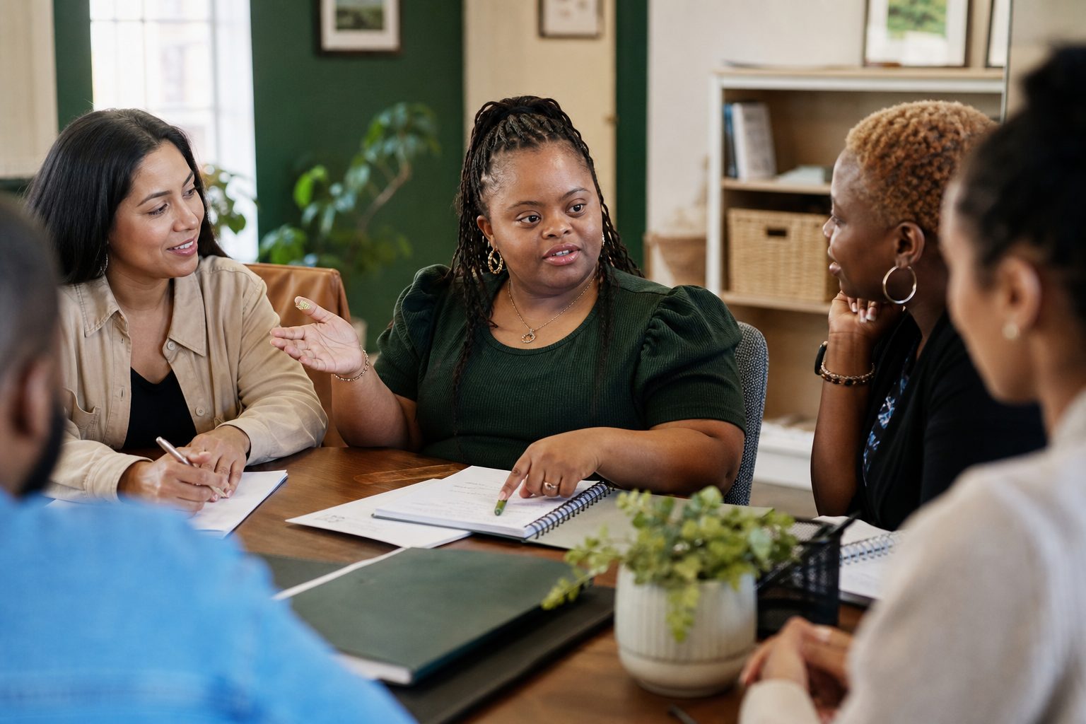 A woman speaks up during a group meeting