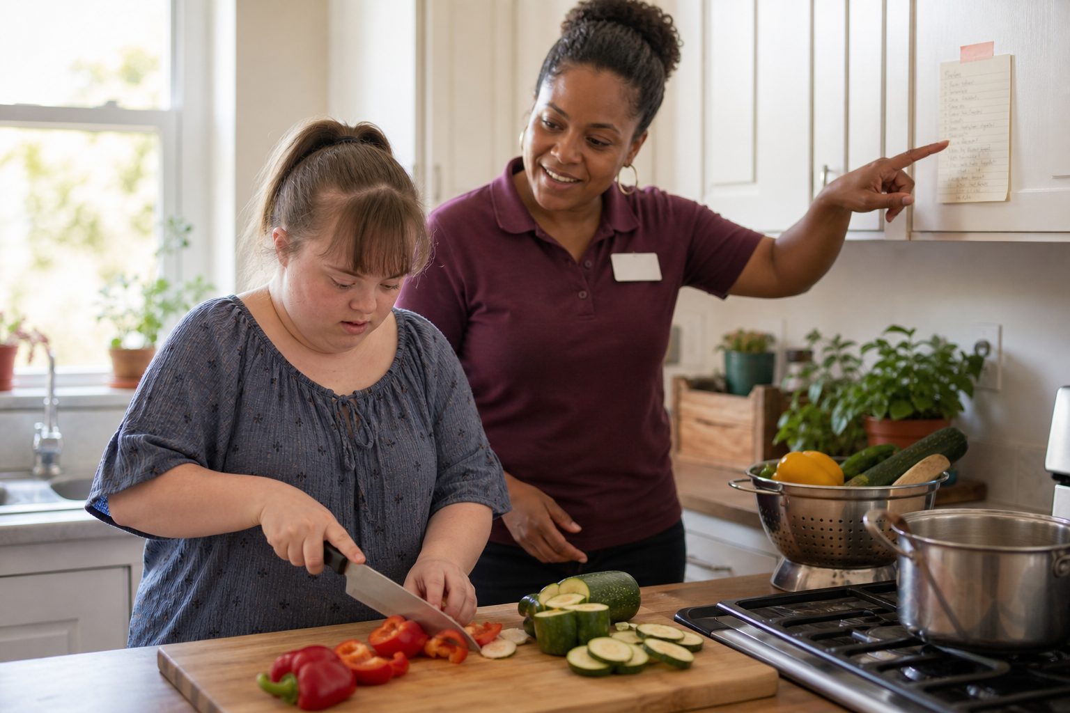 A young woman with Down syndrome prepares vegetables in her kitchen while her support professional coaches beside her.