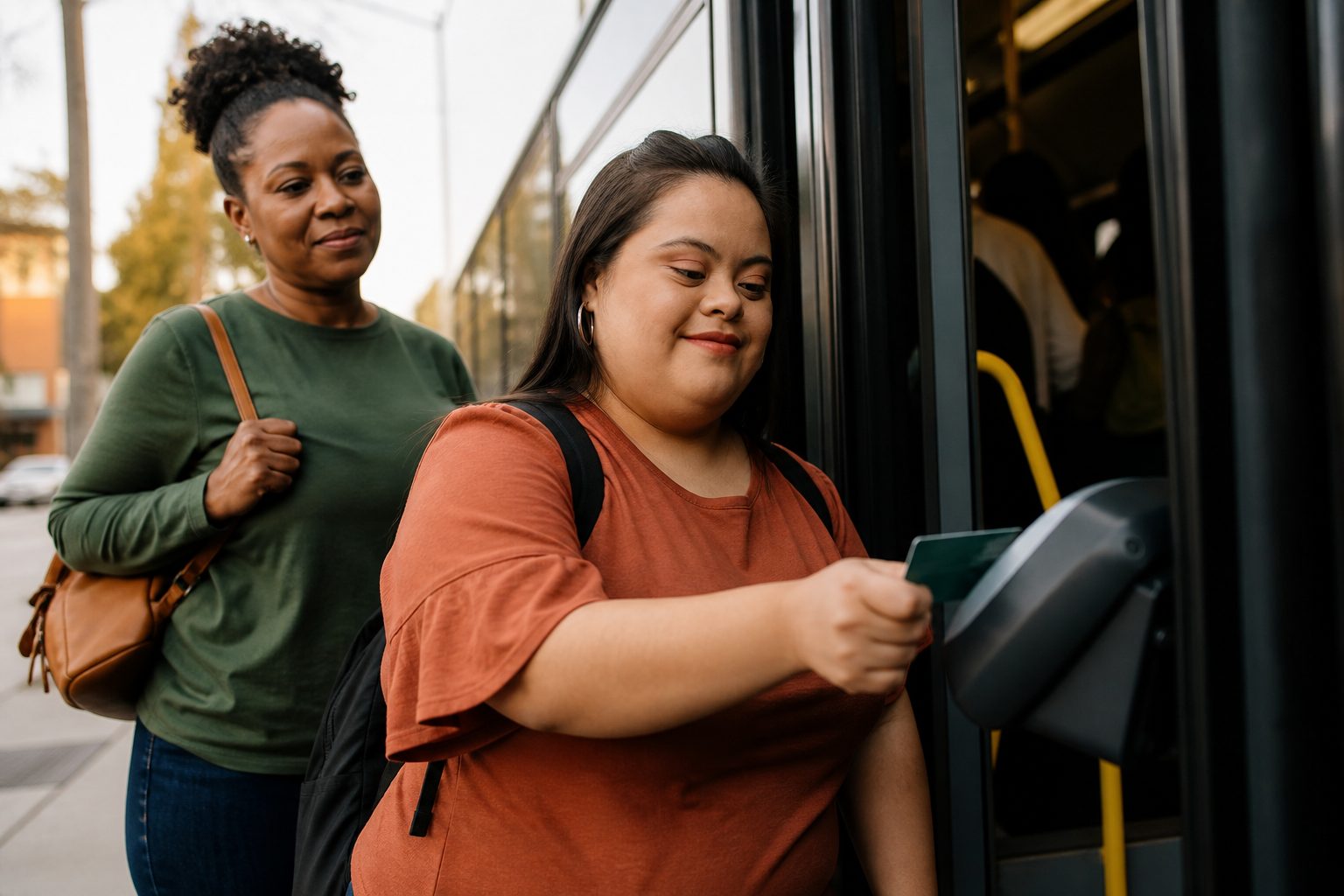 A young woman taps her transit card while boarding a bus